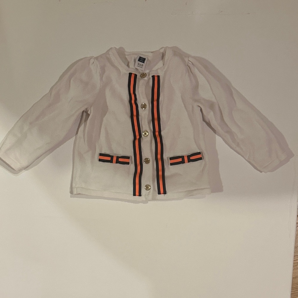 White Janie & Jack button down cardigan sweater with orange and navy Stripes